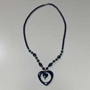 Pewter and Green Heart Pendant Vintage Necklace